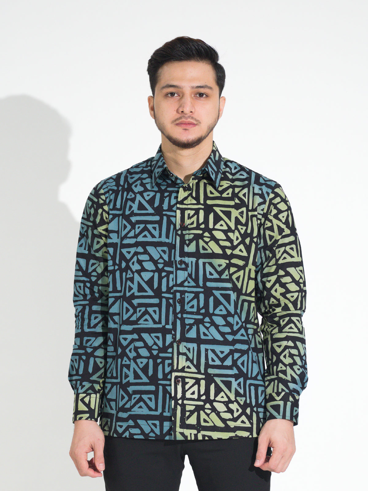 Gema GL901 long-sleeve batik shirt, black with teal and green geometric motif, front view