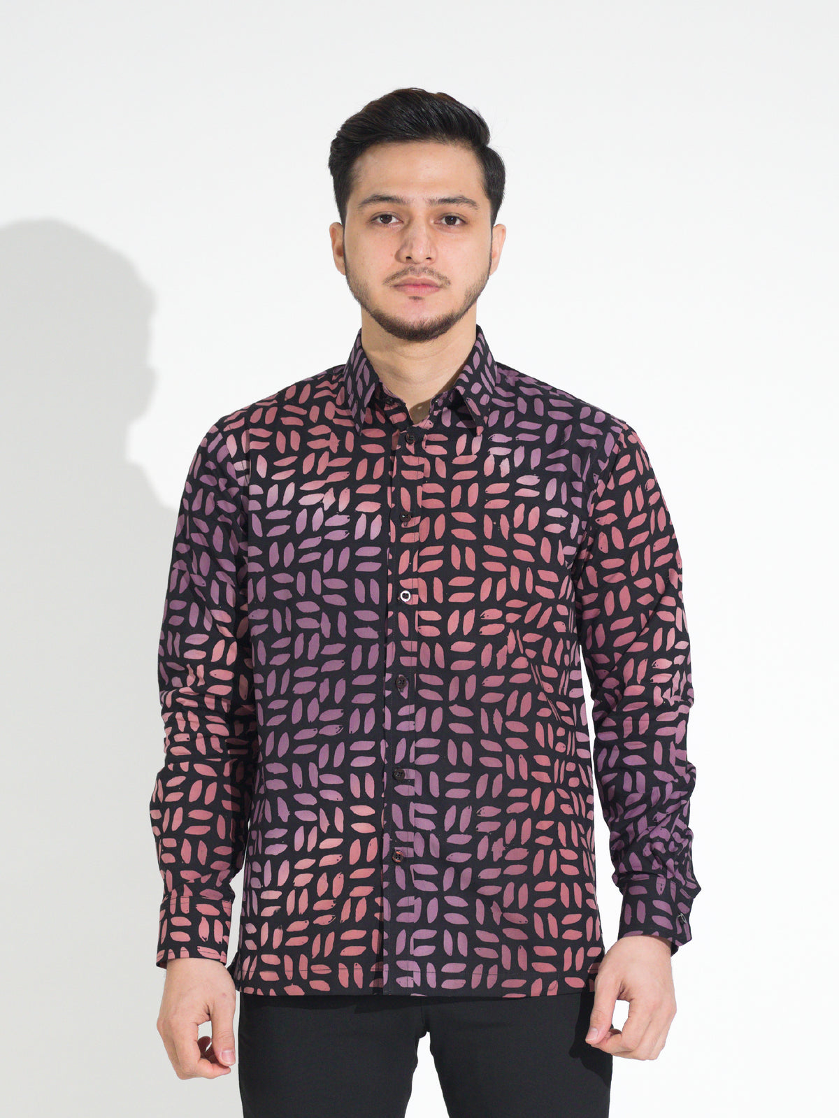 Gema GL906 long-sleeve batik shirt, black with coral and lilac petal motif, front view