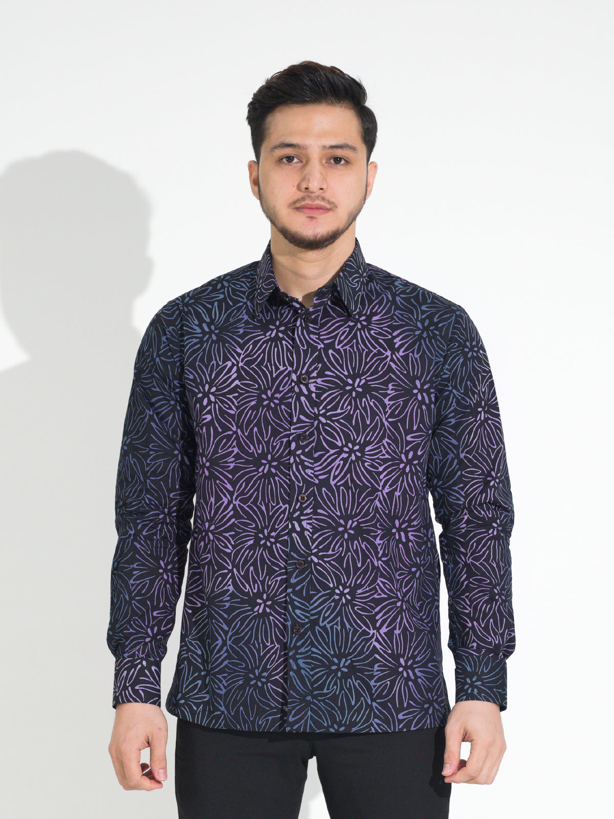 Gema GL912 long-sleeve batik shirt, navy with lilac floral motif, front view