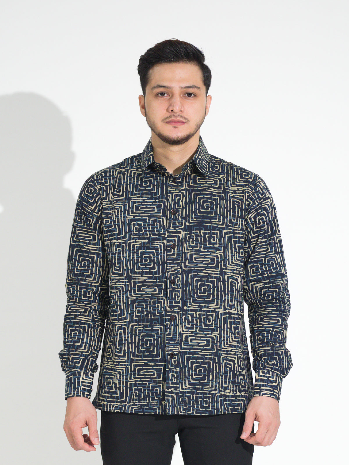 Ria RL901 long-sleeve batik shirt, navy with cream square spiral motif, front view