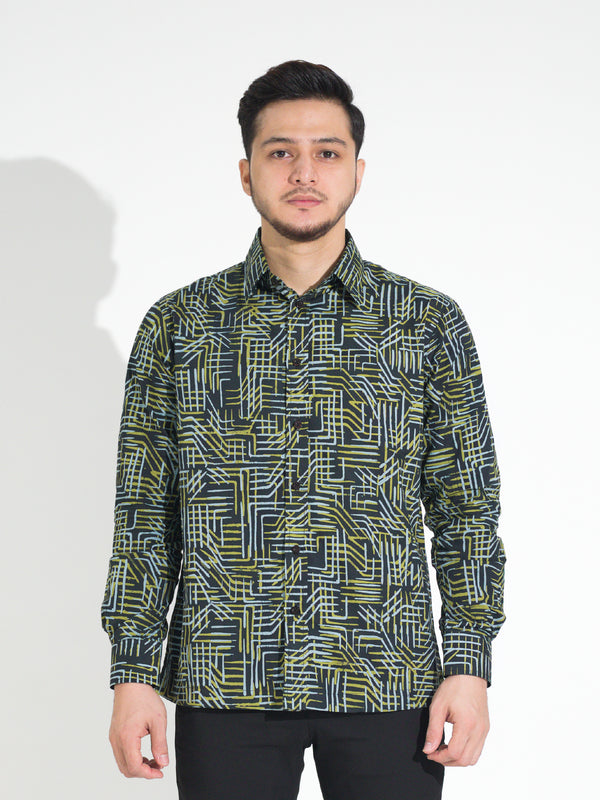 Ria RL903 long-sleeve batik shirt, black with green and white geometric line motif, front view