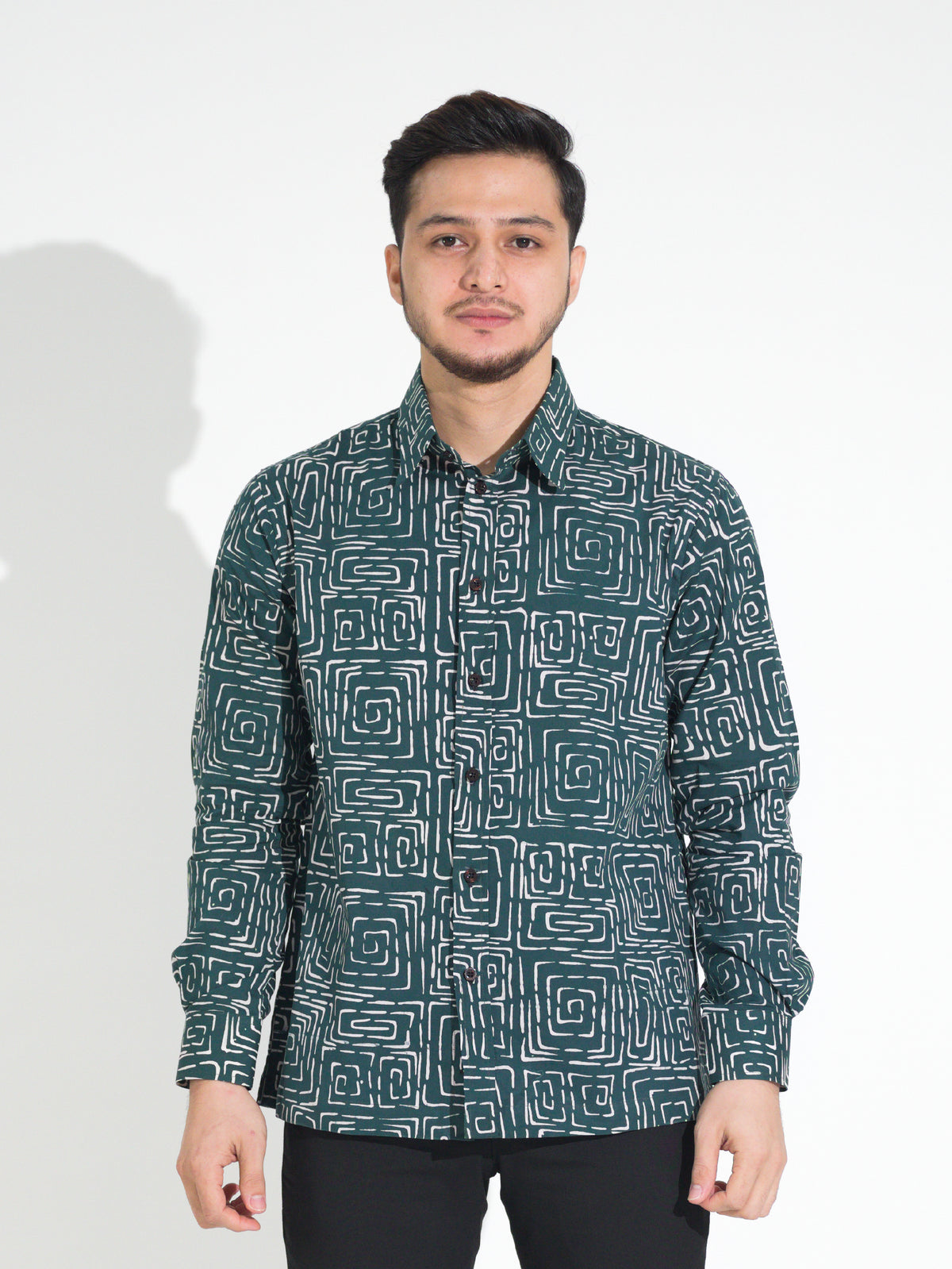 Tulus TL901 long-sleeve batik shirt, green with white square spiral motif, front view