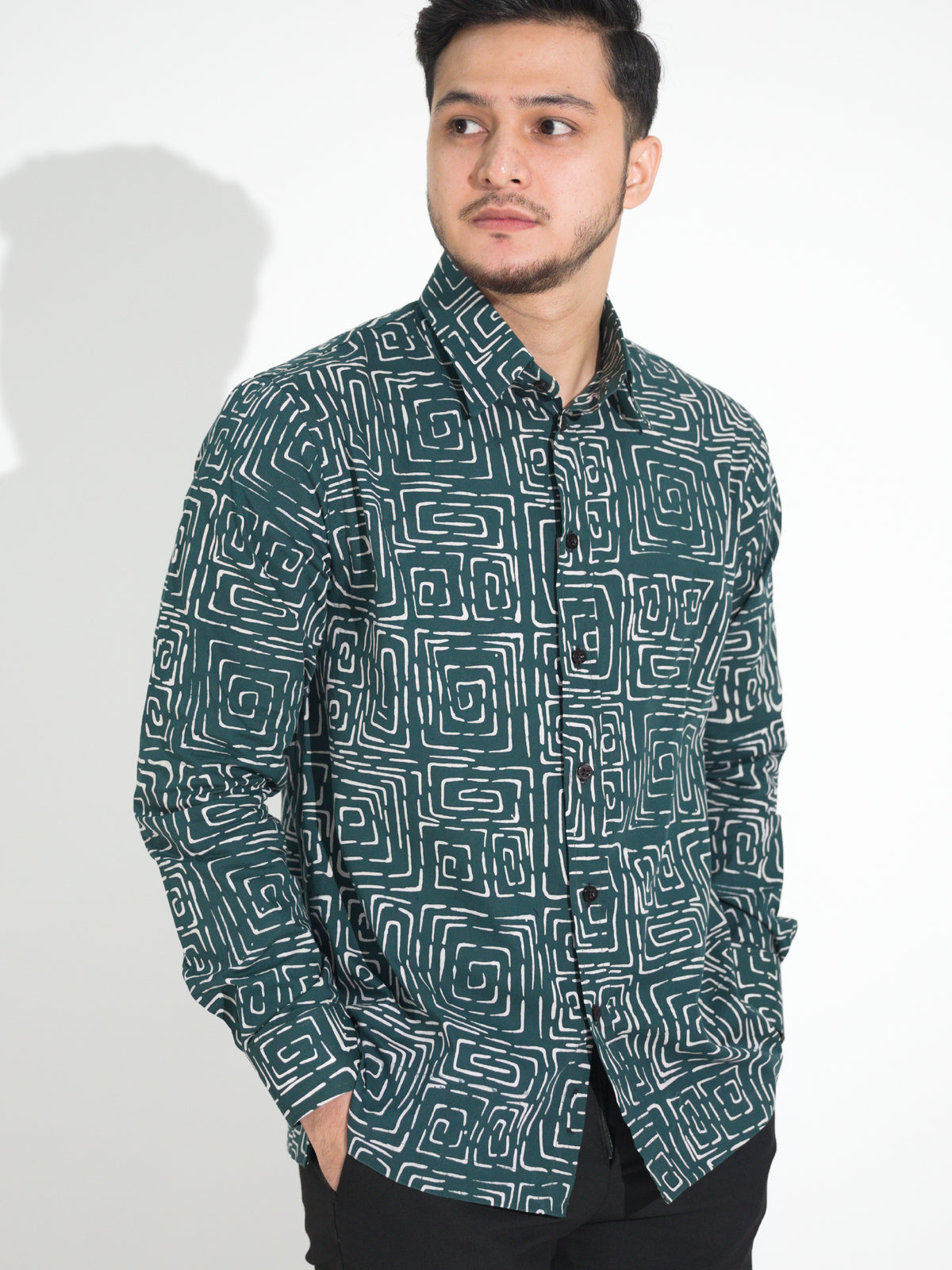 Tulus TL901 long-sleeve batik shirt, green with white square spiral motif, close-up