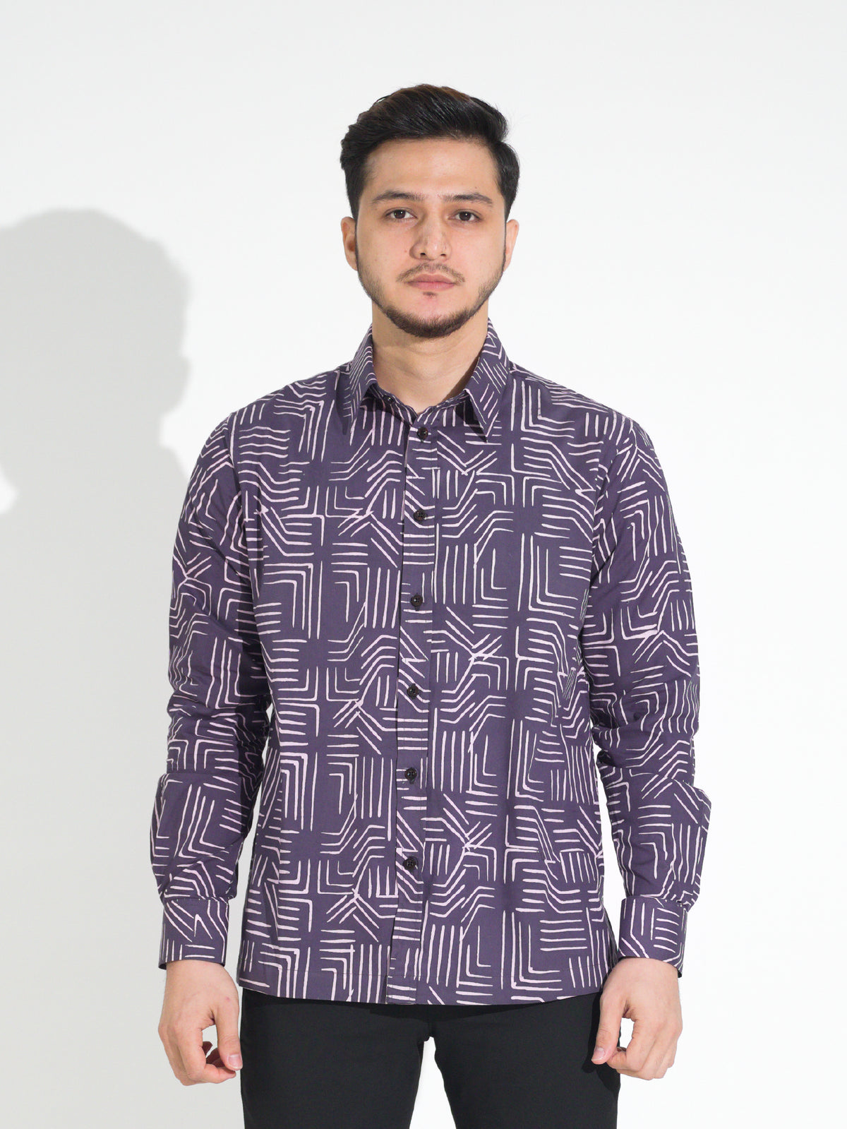 Tulus TL902 long-sleeve batik shirt, purple with white geometric line motif, front view