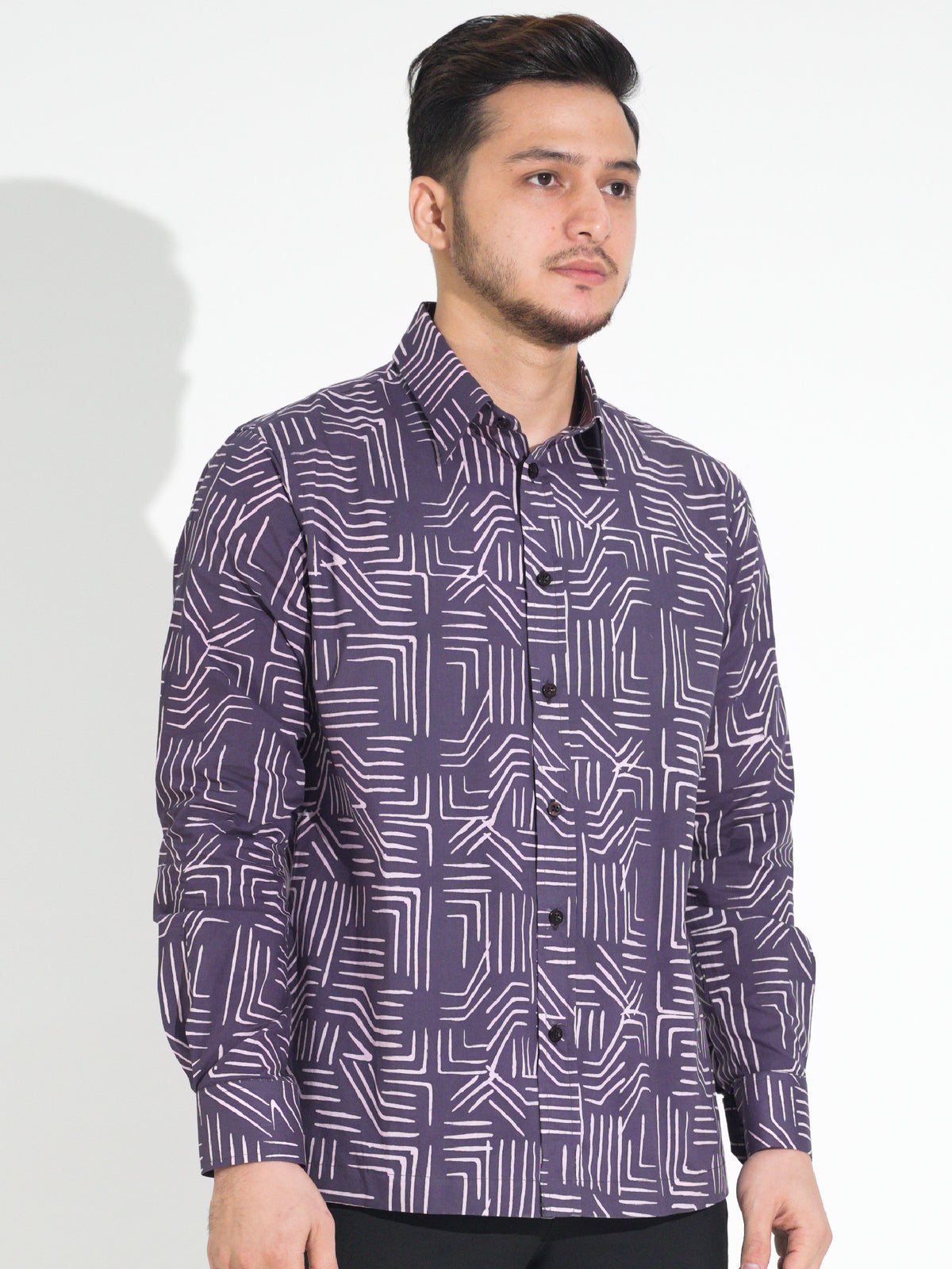 Tulus TL902 long-sleeve batik shirt, purple with white geometric line motif, close-up