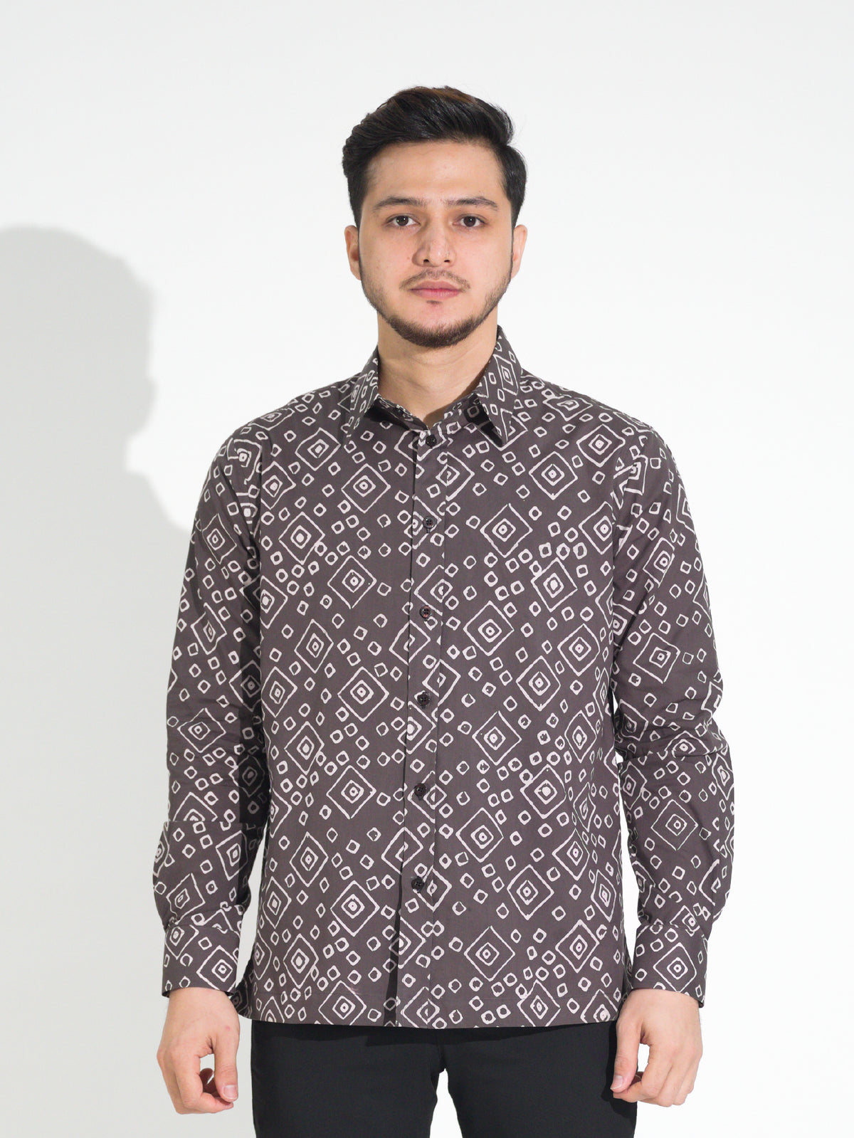 Tulus TL903 long-sleeve batik shirt, brown with white diamond motif, front view