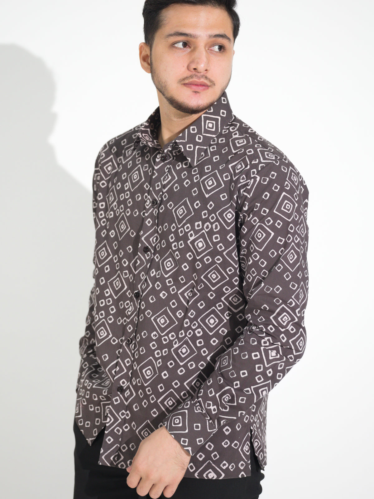 Tulus TL903 long-sleeve batik shirt, brown with white diamond motif, close-up