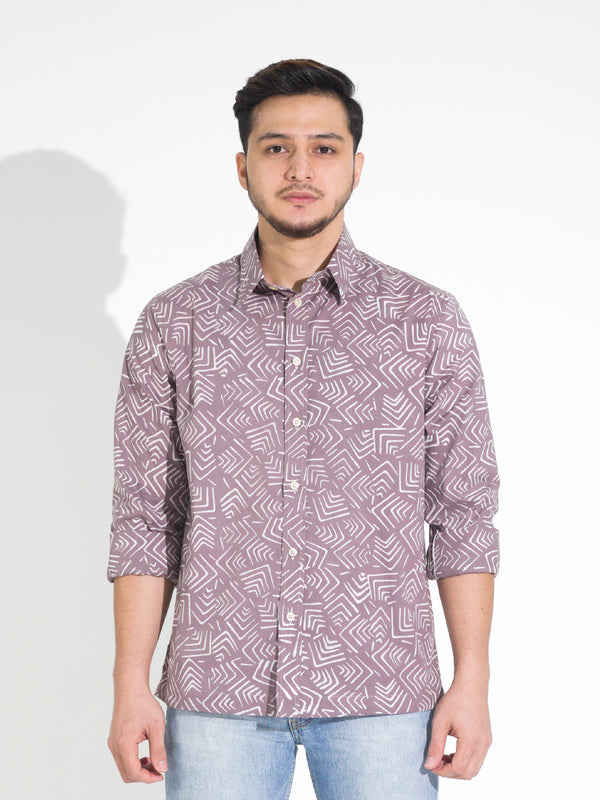 Tulus TL906 long-sleeve batik shirt, mauve with white geometric line motif, front view
