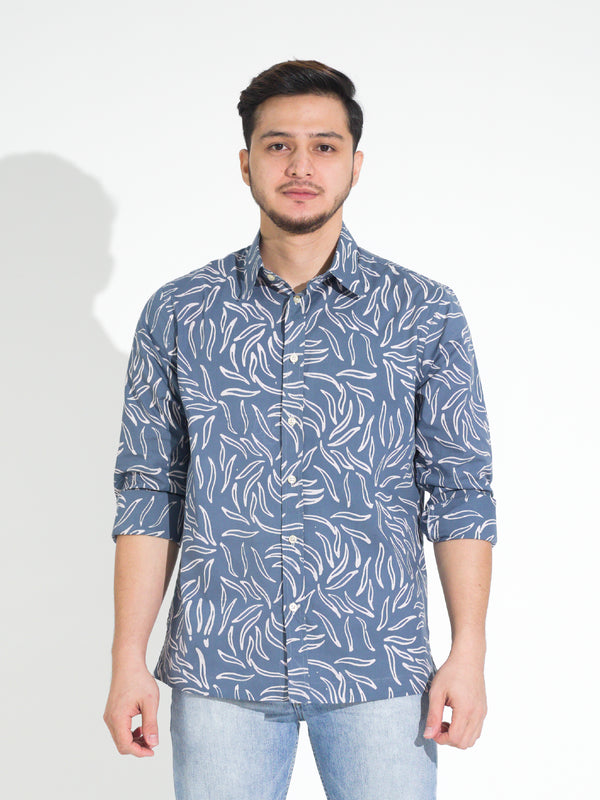 Tulus TL907 long-sleeve batik shirt, blue with white leaf motif, front view